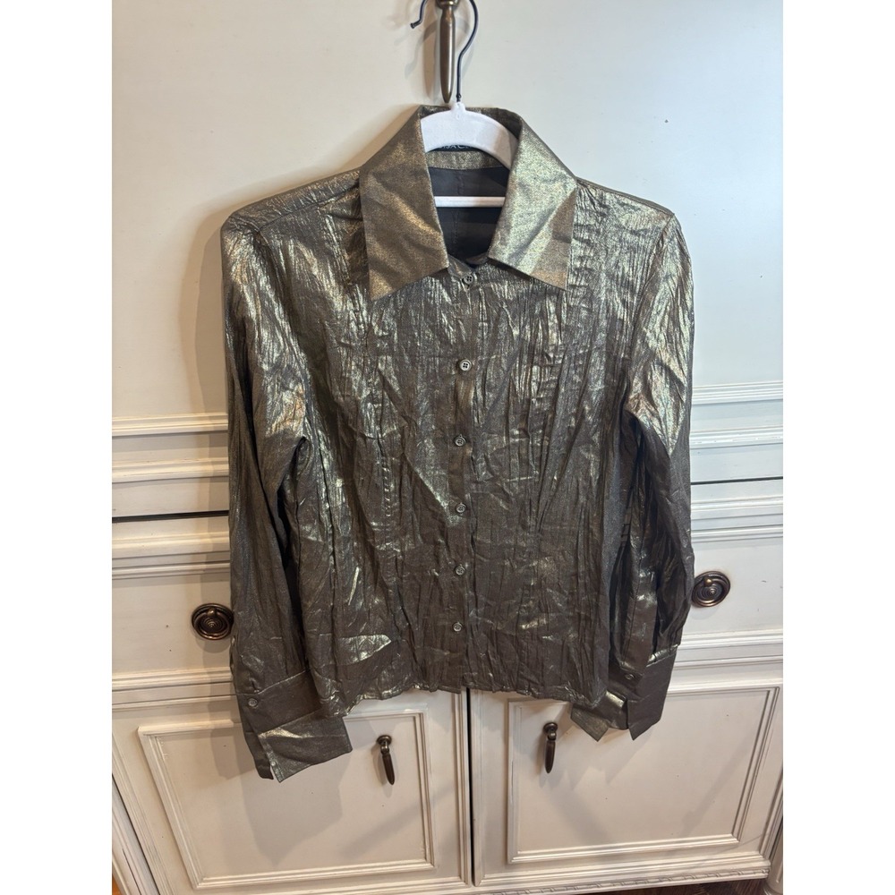 Luisa Cerano Metallic Gold Button Front Blouse Size 4 Crinkle Cotton Wool Work